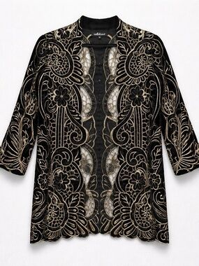 Embroidered Open-Front Black Velvet Jacket with Gold Lace Accents